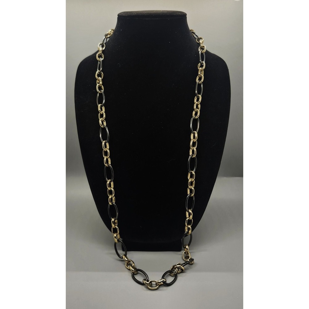 Liz Claiborne Long Chain Necklace Gold Tone Black Oval Link Toggle
